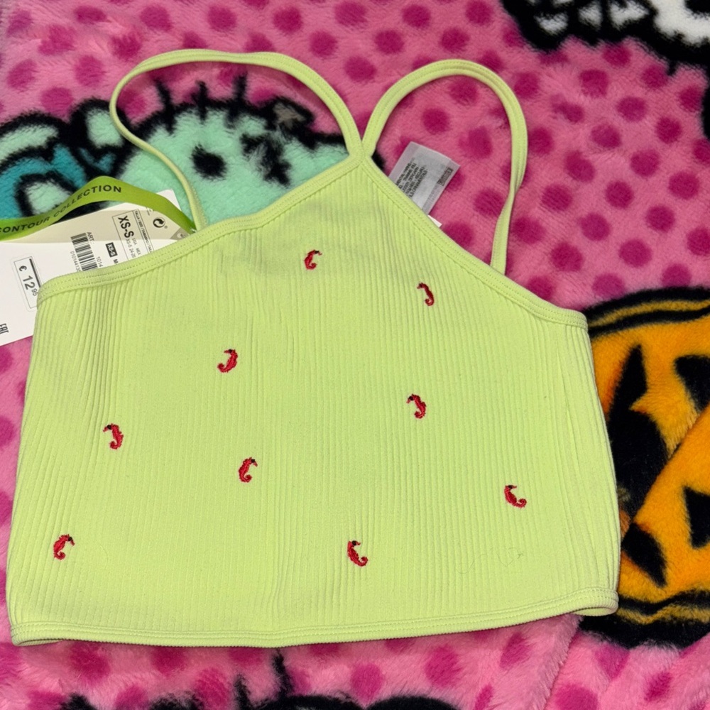 Zara Light Green Crop Top with Red Accents